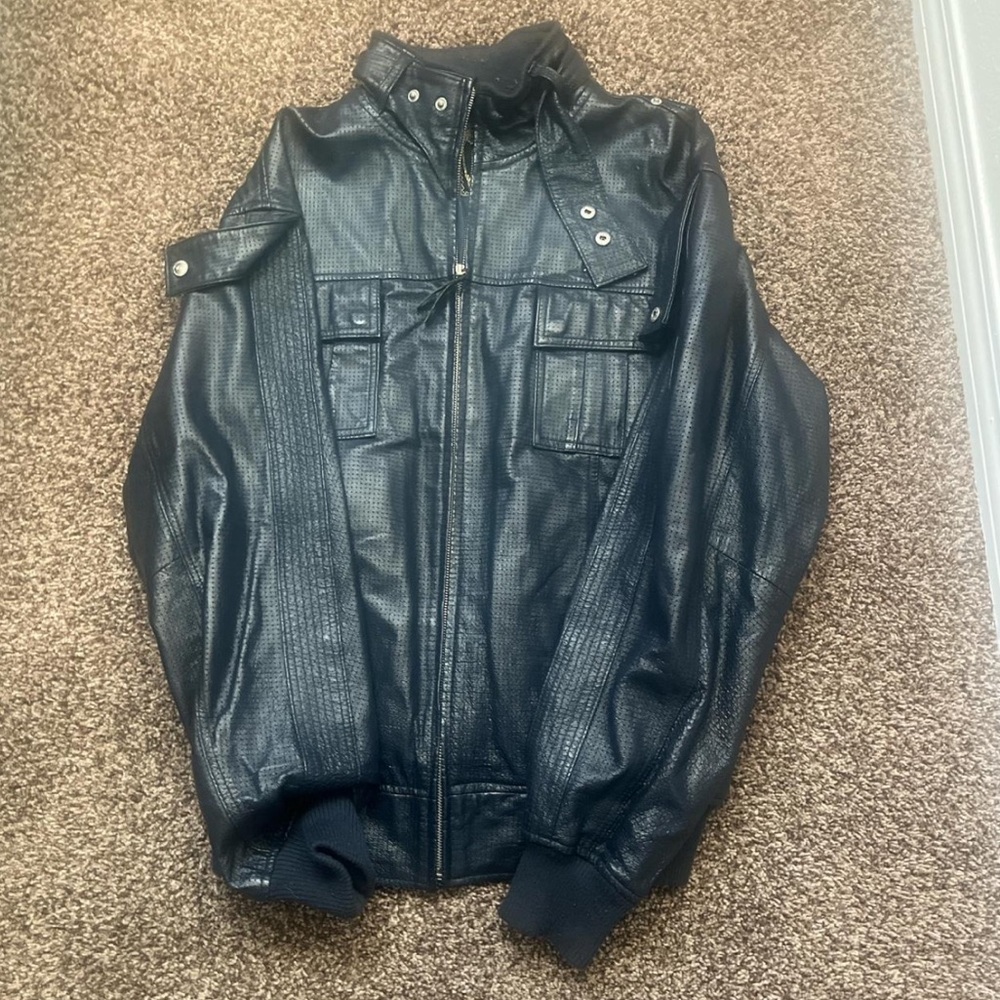 Men's Black Faux Leather Bomber Jacket with Stand Collar